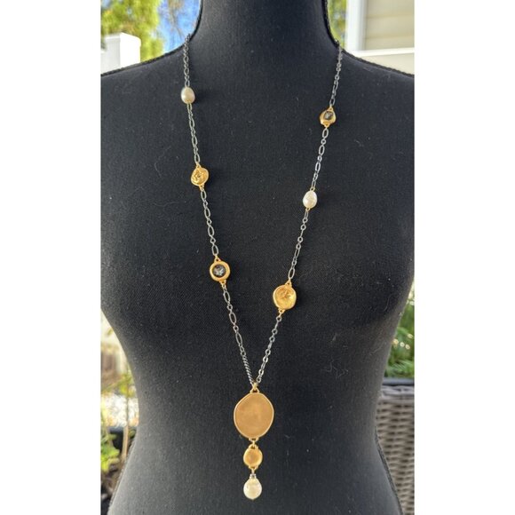 Chicos Blue Silver Gold Tone 18.5" Long Reversible Chain Statement Necklace NEW - Picture 2 of 14